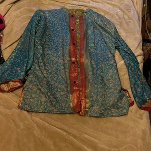 60s reversible Floral Green/Blue shirt open front toggle button detail.